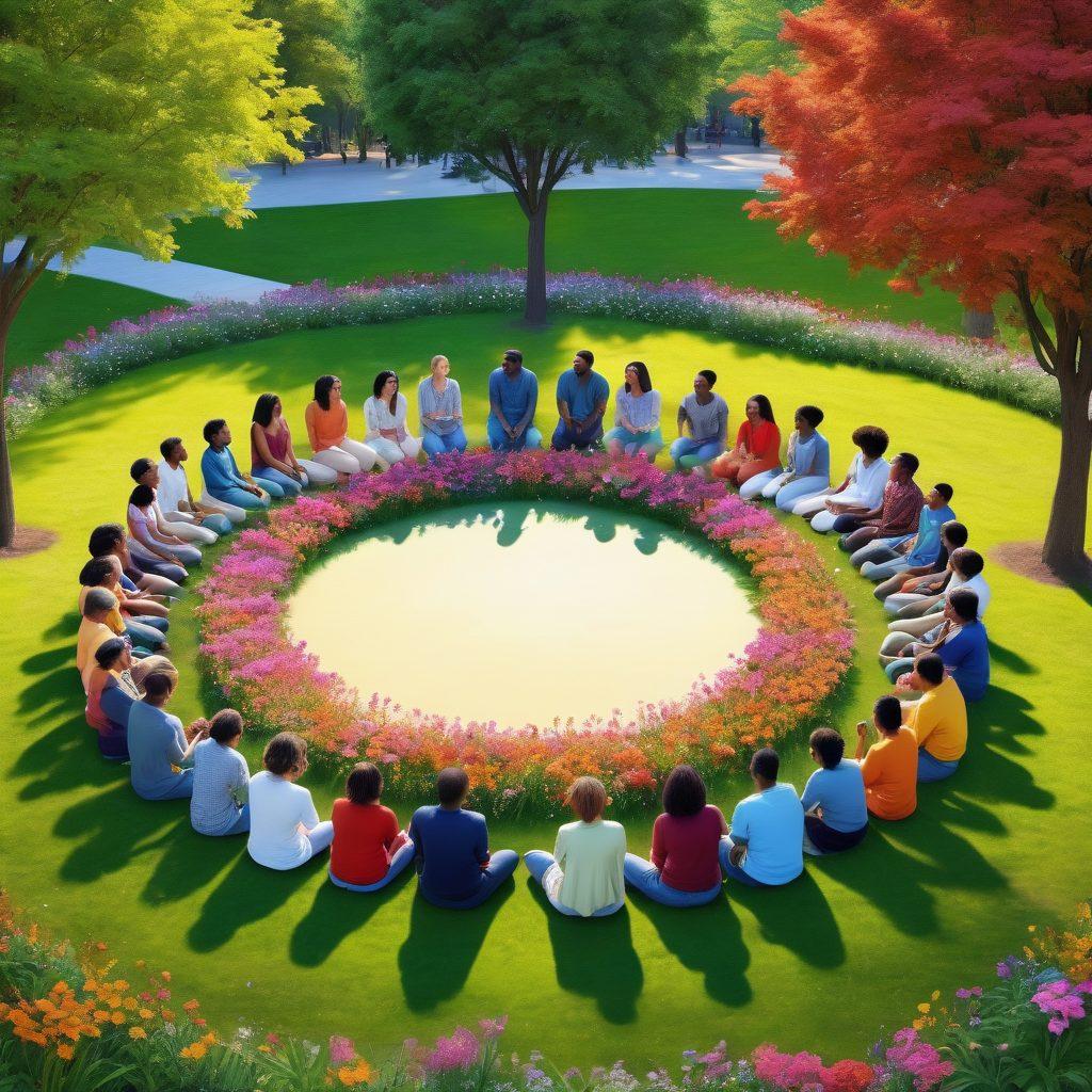 A diverse group of people from various backgrounds engaging in a warm, inclusive circle, sharing stories and laughter. Bright colors symbolize empowerment and intimacy, with elements representing different cultures. The setting is a vibrant urban park, filled with trees and flowers, showcasing a community spirit. super-realistic. vibrant colors. community theme.