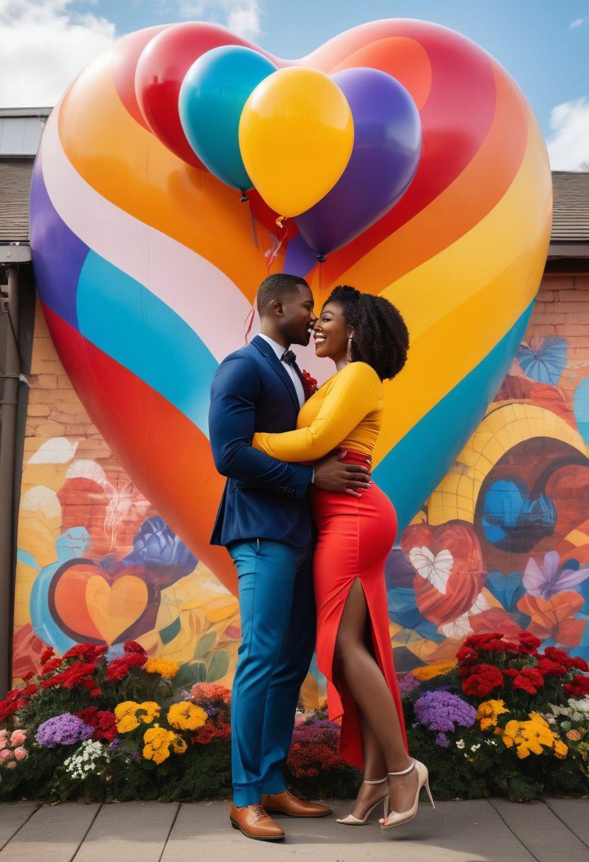 A joyful scene of diverse Black couples embracing, surrounded by symbols of empowerment like a heart-shaped balloon and flourishing flowers. Showcase curves with graceful poses, donning colorful, stylish outfits. The backdrop should feature a vibrant community mural, representing love and unity. Beaming smiles and laughter should radiate warmth and connection. super-realistic. vibrant colors. community-themed.