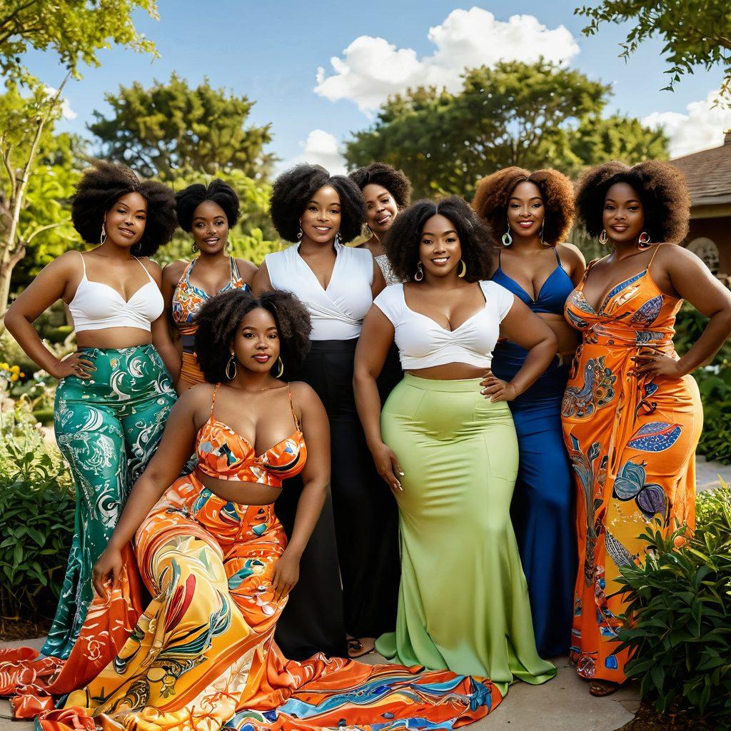 A captivating and dynamic representation of black culture celebrating curves, featuring a diverse group of individuals joyfully embracing their bodies in a vibrant outdoor setting. Lush greenery in the background, adorned with colorful textiles and cultural symbols that highlight romance and desire. Soft, warm sunlight illuminating the scene, creating an inviting atmosphere of love and self-acceptance. super-realistic. vibrant colors. natural setting.